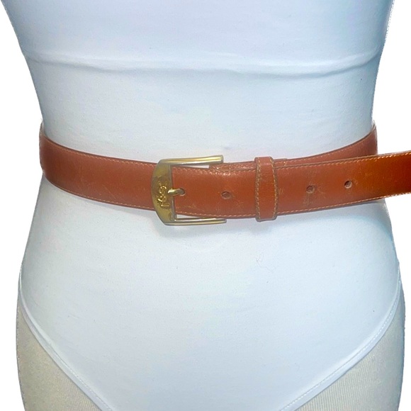 YSL Yves Saint Laurent Vintage Tan and Gold Logo Buckle Belt - Picture 2 of 11